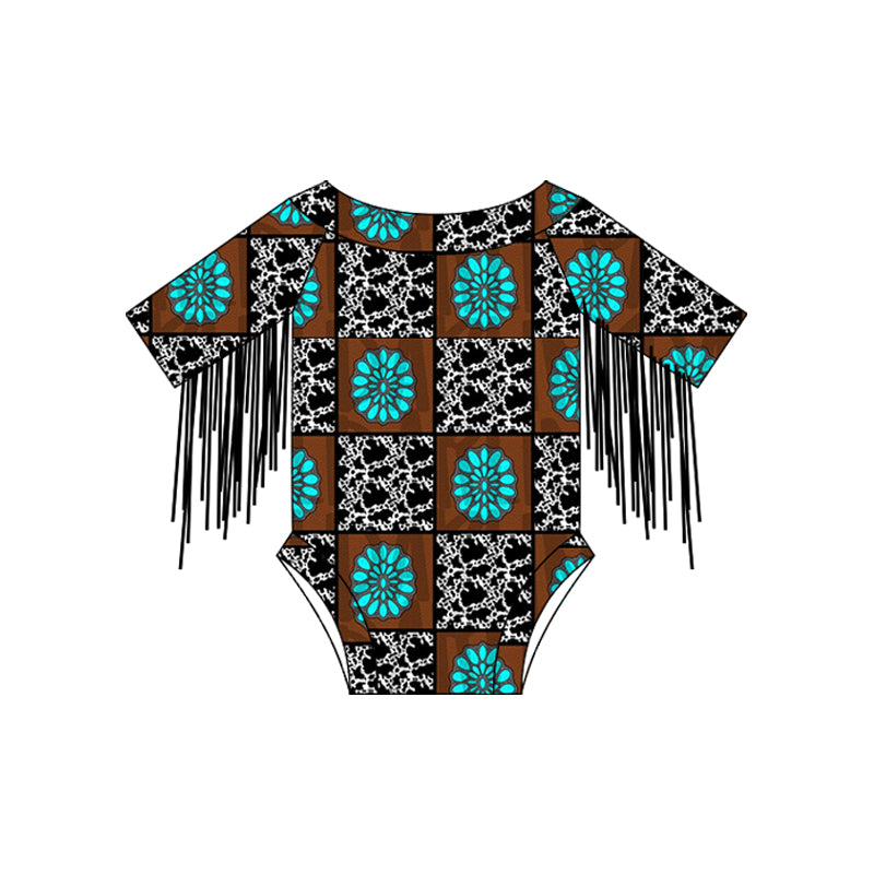 Turquoise cow print plaid tassels western baby romper