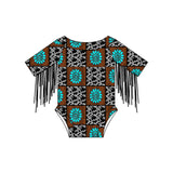 Turquoise cow print plaid tassels western baby romper