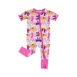 Pink short sleeves princess bow baby girls zipper romper