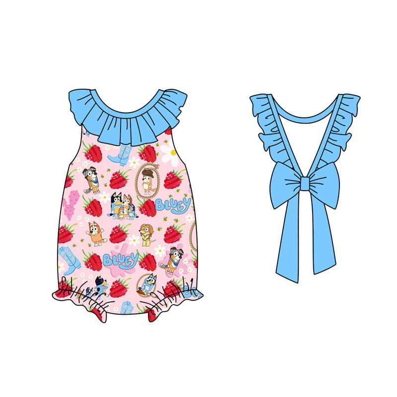 Ruffle sleeveless dog strawberry floral baby girls romper