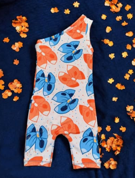 One shoulder yellow blue dog bow baby girls romper
