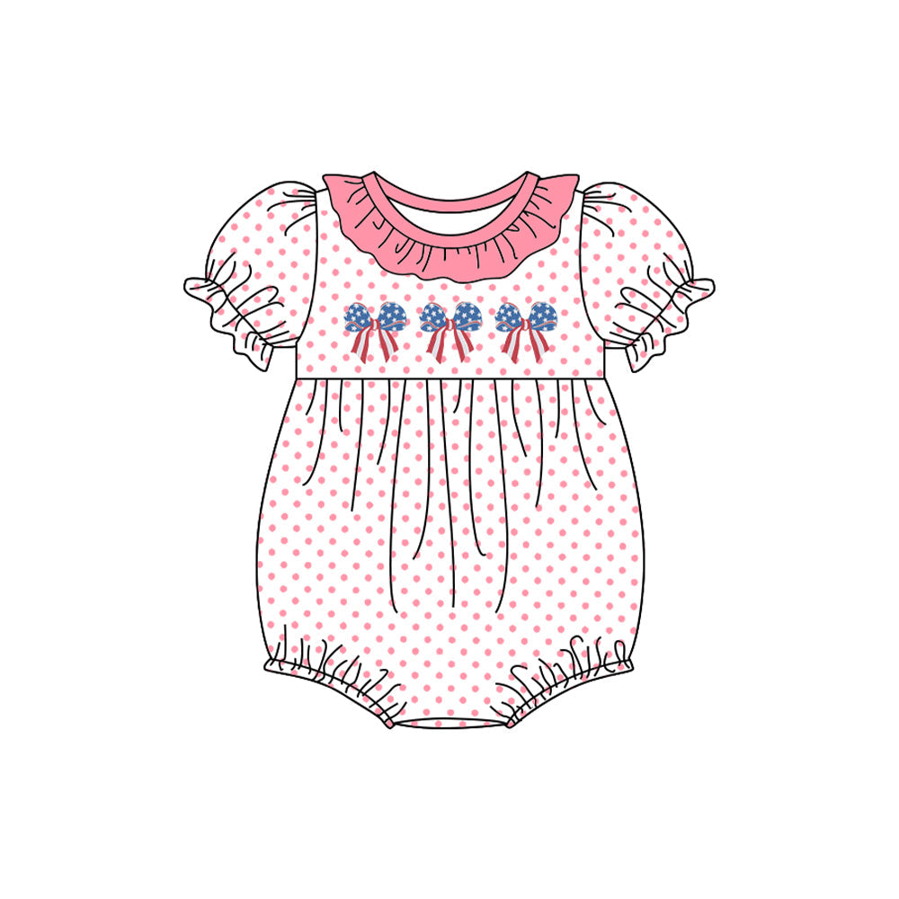 Pink polka dots stars stripe bow girls 4th of july romper