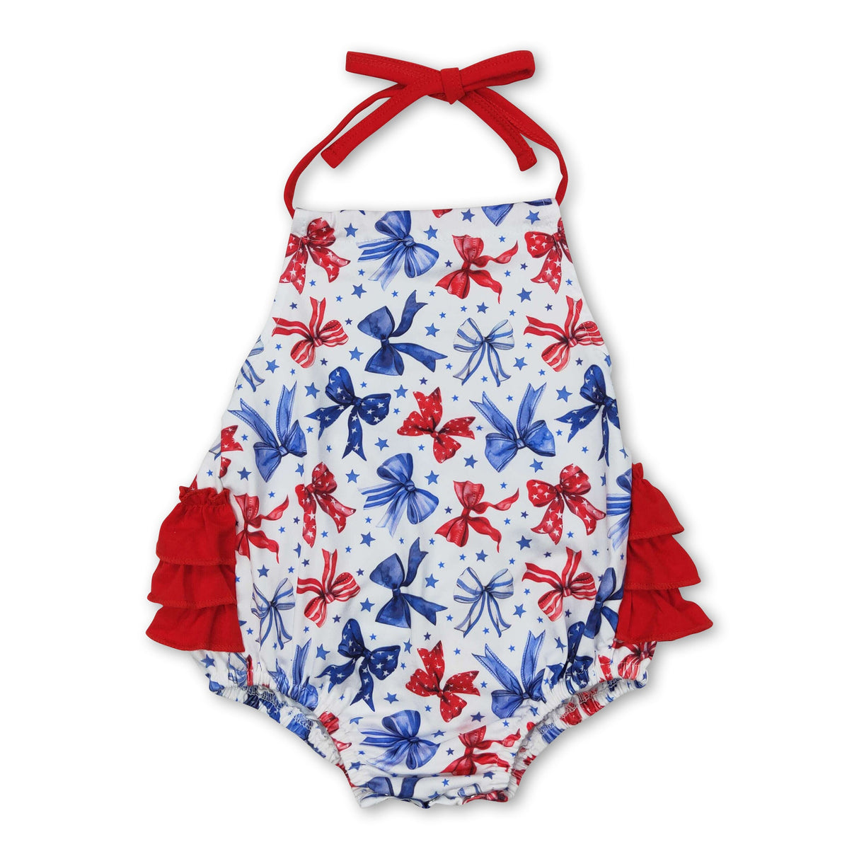 Red ruffle stars stripe bow halter baby 4th of july romper