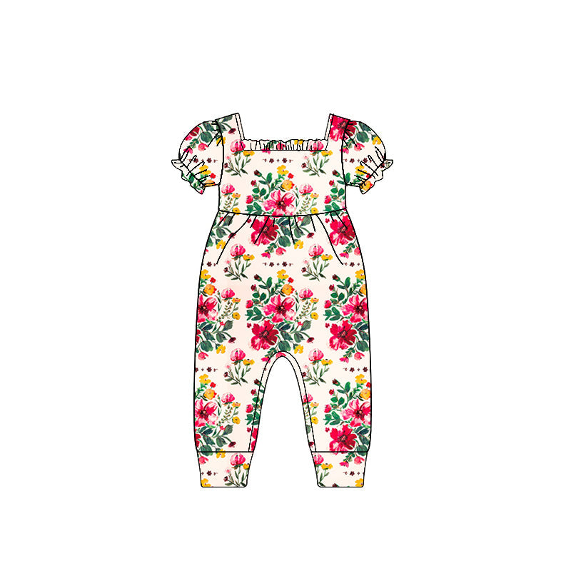 Short sleeves hot pink floral baby girls romper