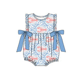 Light blue bow ruffle crawfish baby girls romper