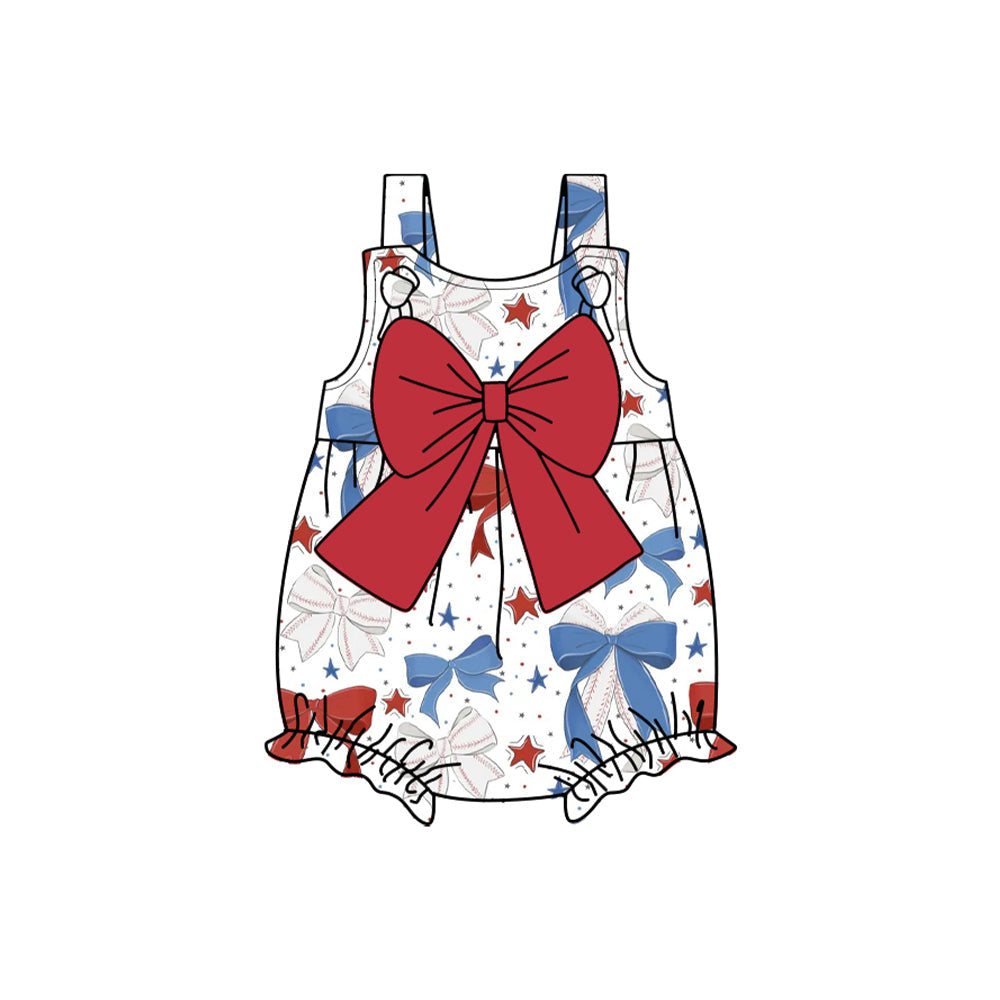 Straps red blue baseball bow baby girls romper