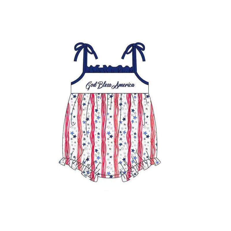 Straps God bless America stars baby girls 4th of july romper