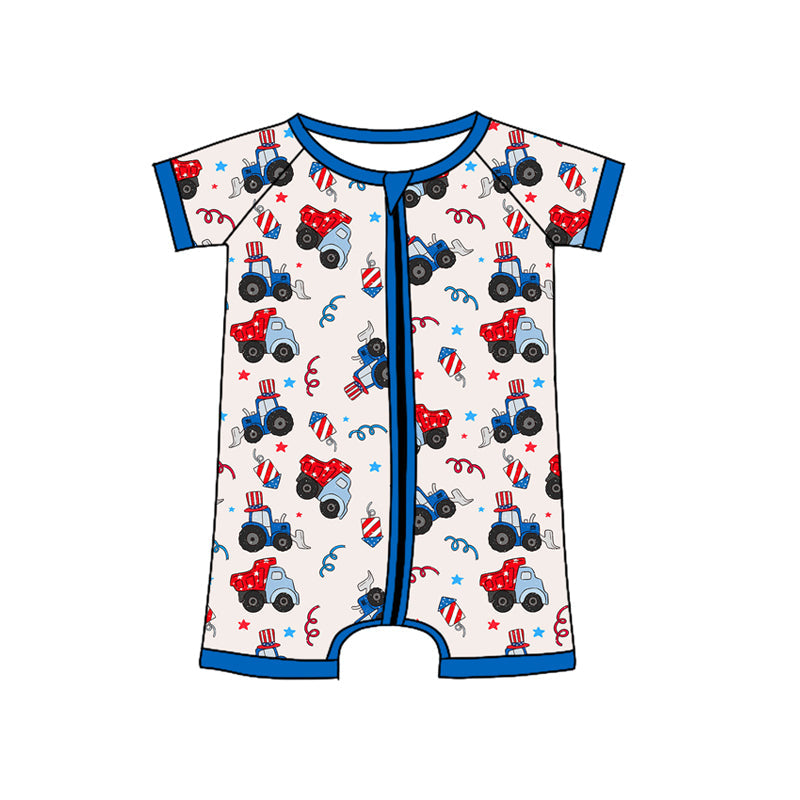 Short sleeves blue tractor baby boy 4th of july zipper romper