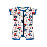 Short sleeves blue tractor baby boy 4th of july zipper romper
