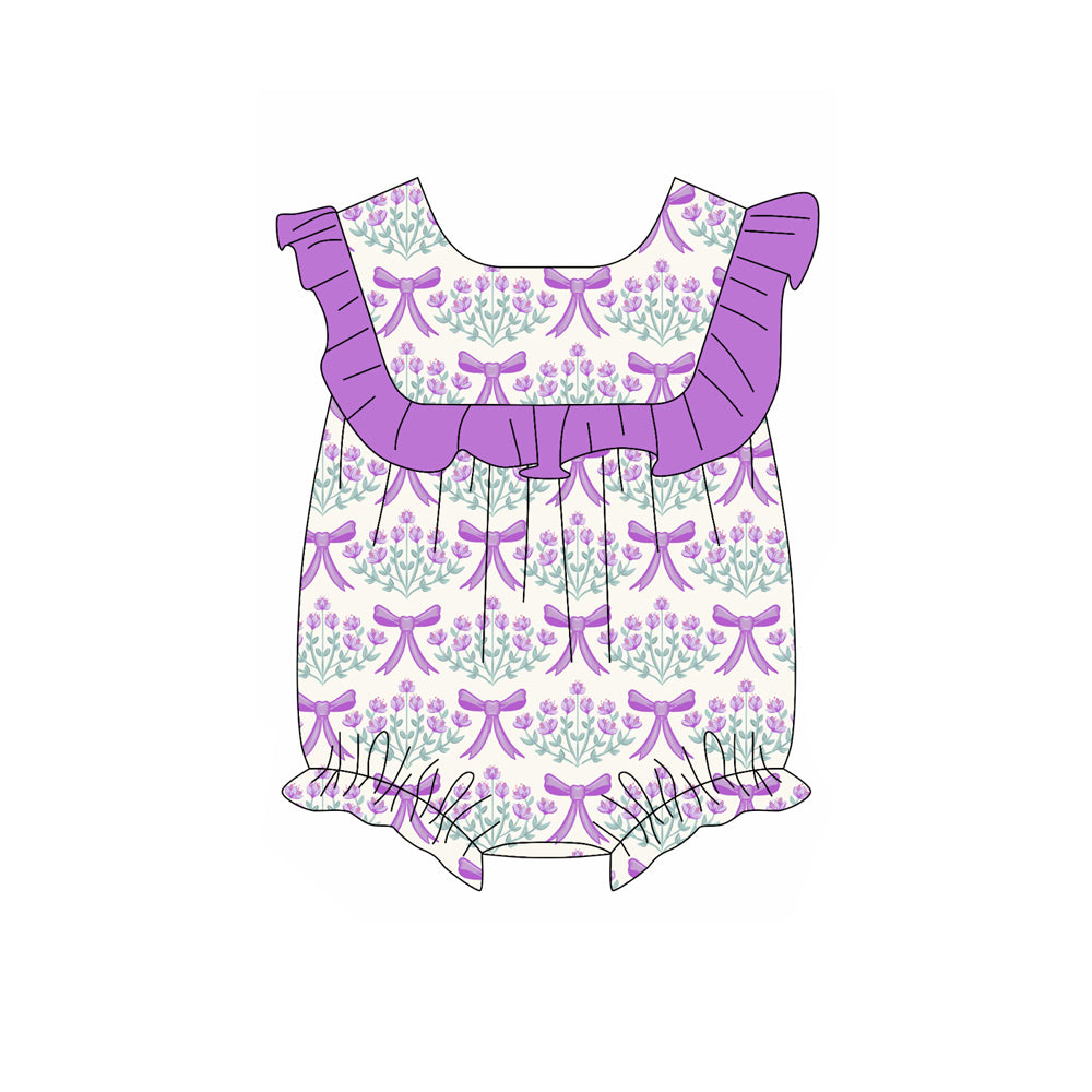 Purple ruffle floral bow baby girls summer romper