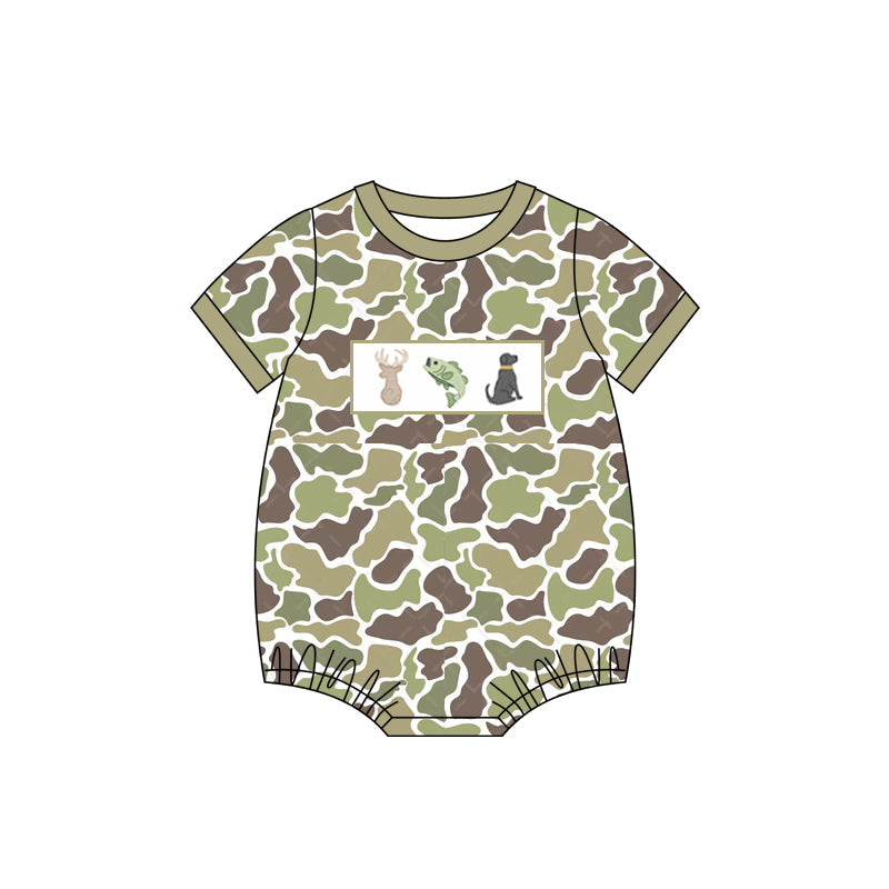 Short sleeves camo deer fish dog baby boys romper