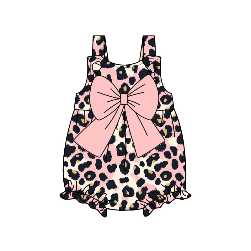 Peach bow leopard straps baby girls summer romper