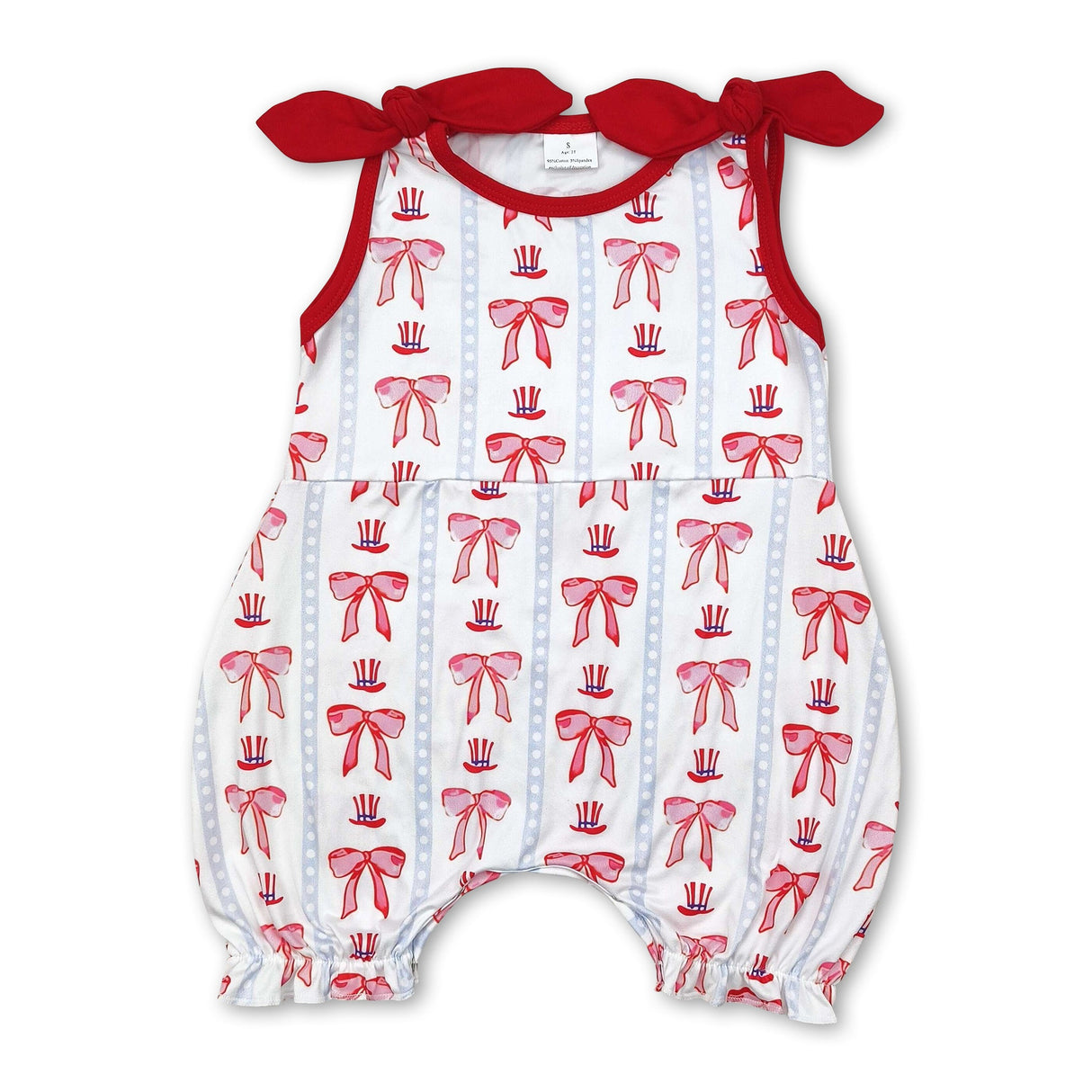 Sleeveless red bow baby girls 4th of july romper