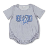 Short sleeves light blue floral bow God is good baby romper