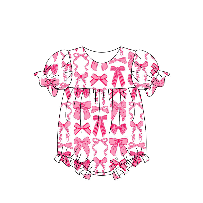 Short sleeves pink bow baby girls spring summer romper