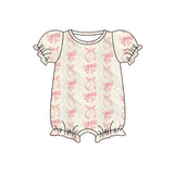 Short sleeves pink bow beige baby girls summer romper