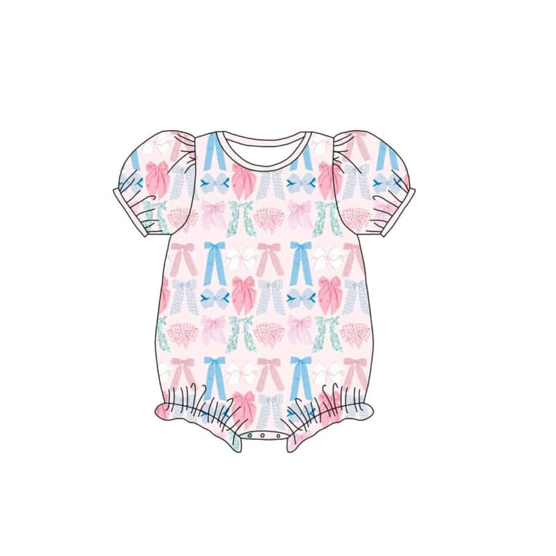 Short sleeves pink colorful bows baby girls summer romper