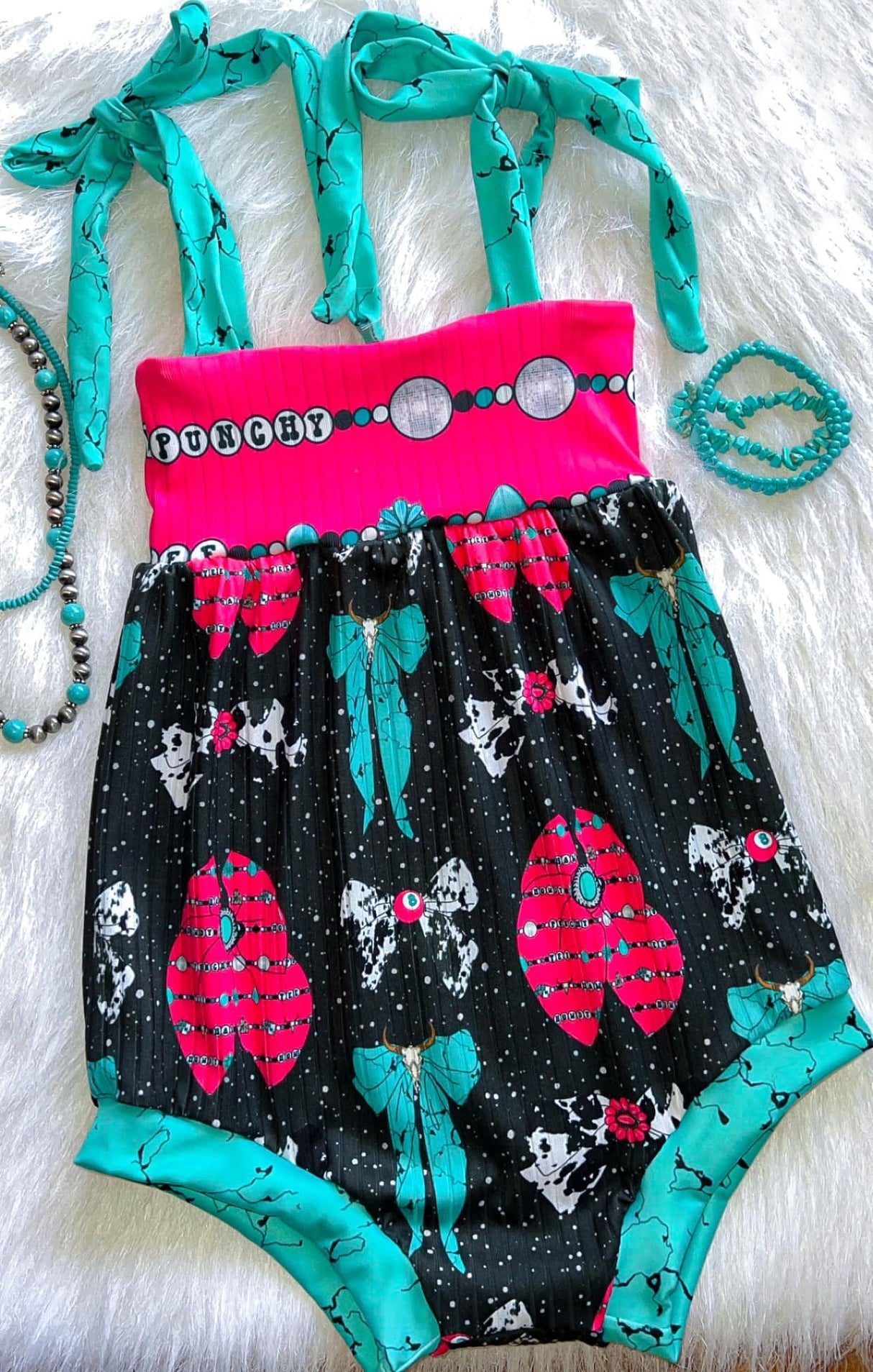 Straps turquoise cow print bow western baby romper