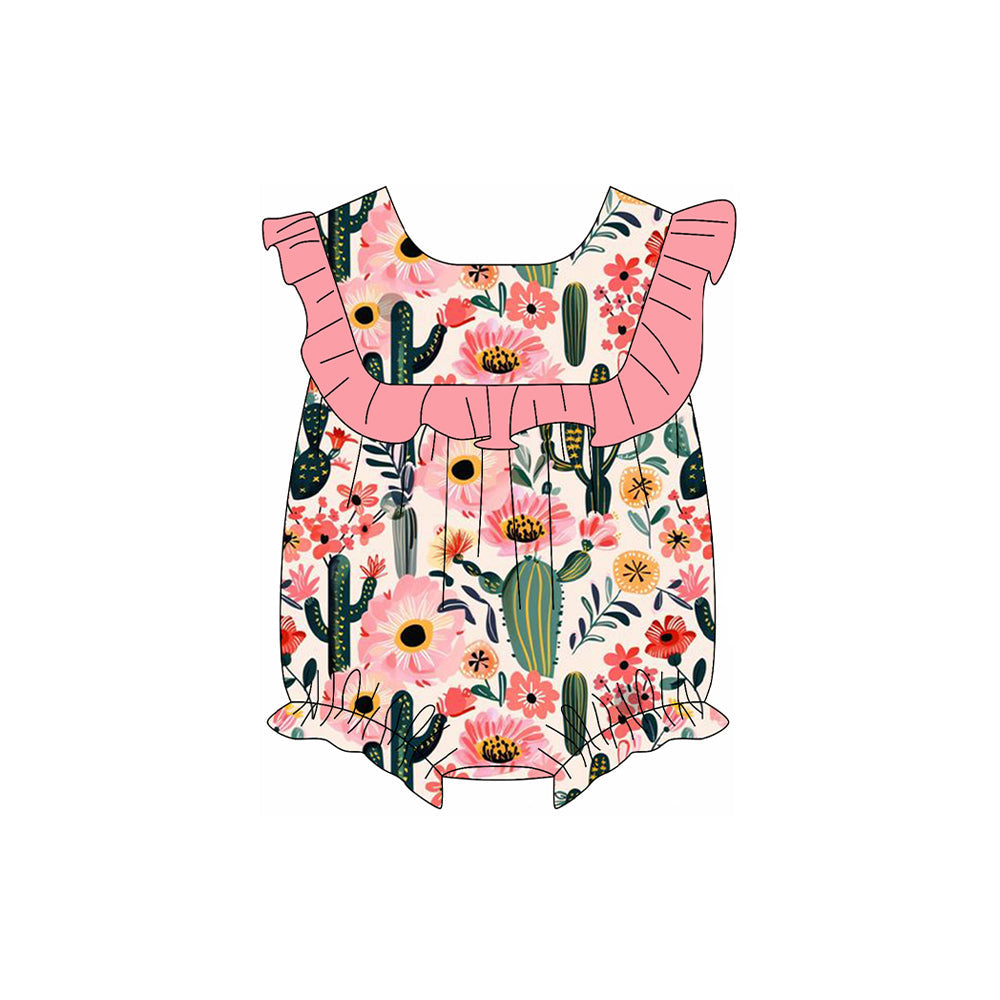 Pink ruffle floral cactus western baby girls romper