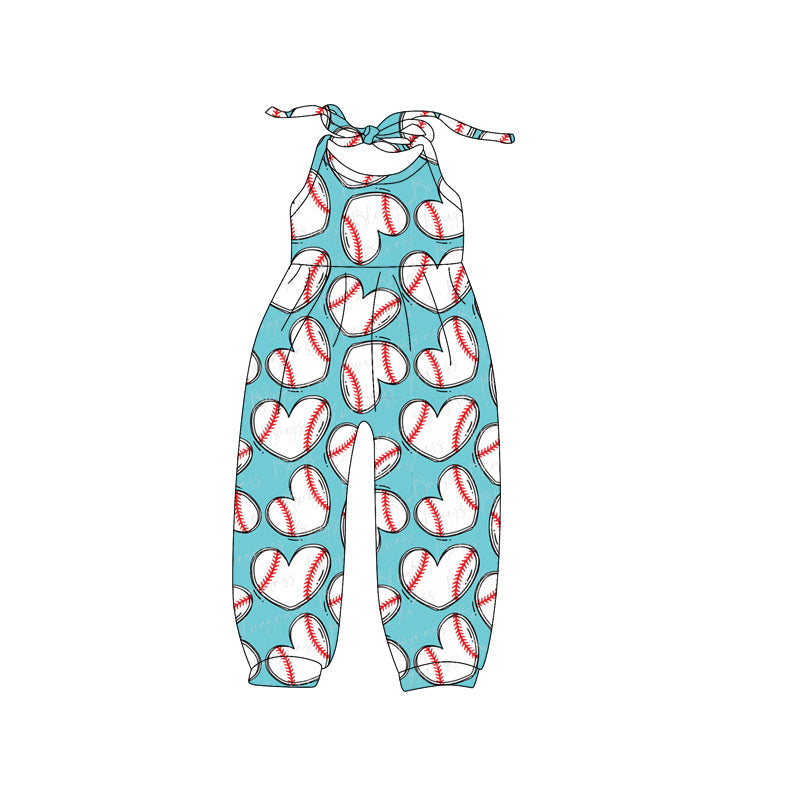 Light blue heart baseball baby girls halter jumpsuit