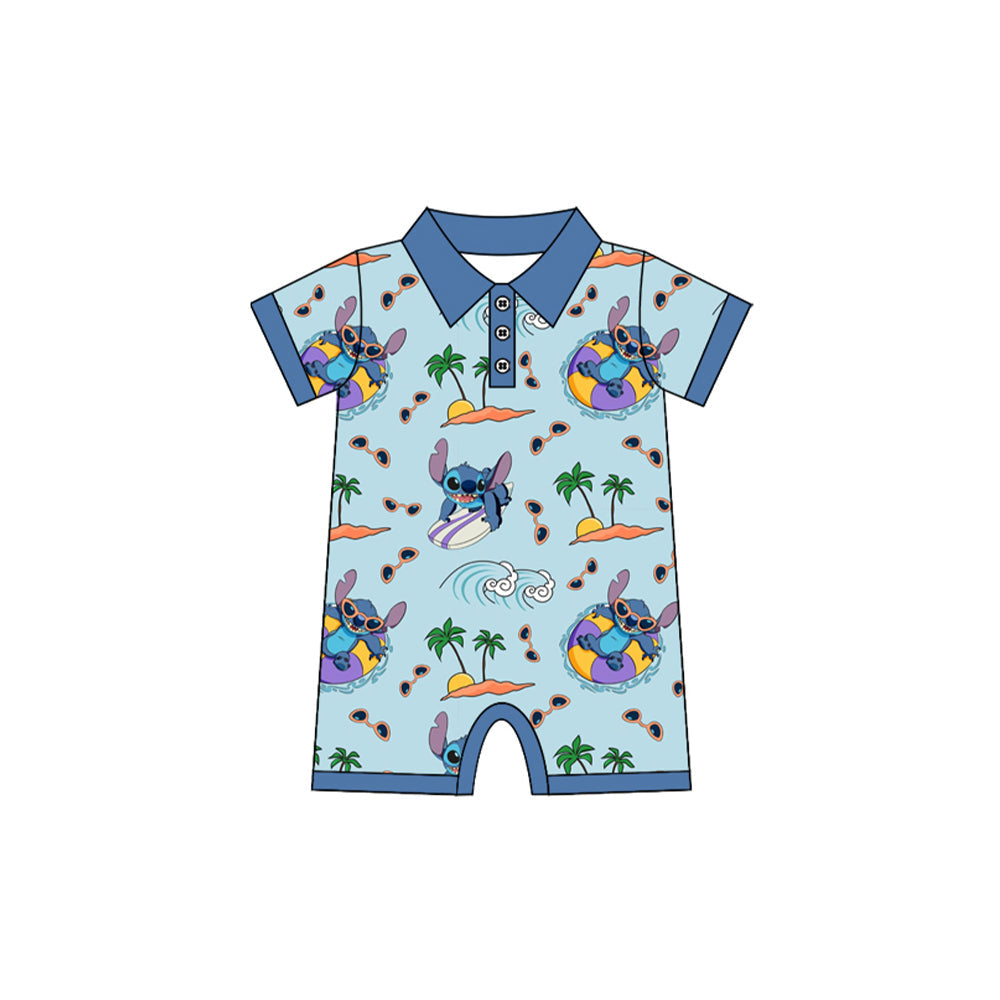 Blue short sleeves koala baby boy summer polo romper