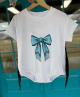 Short sleeves turquoise bow tassels western baby romper