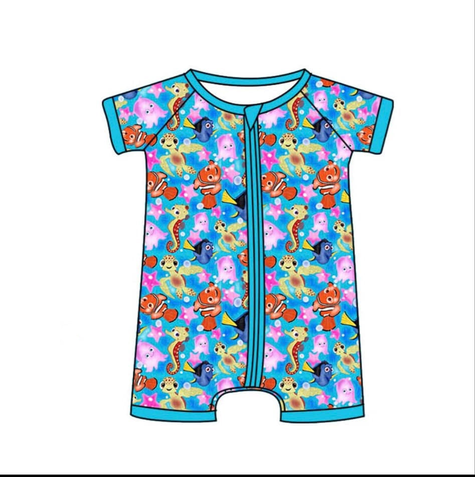 Short sleeves fish seahorse baby kids zipper romper