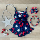 Straps navy red white stars girls 4th of july jumpsuit