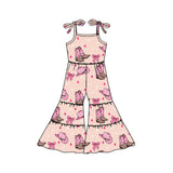 Straps pink bow boots patchwork western kids girls jumpsuit