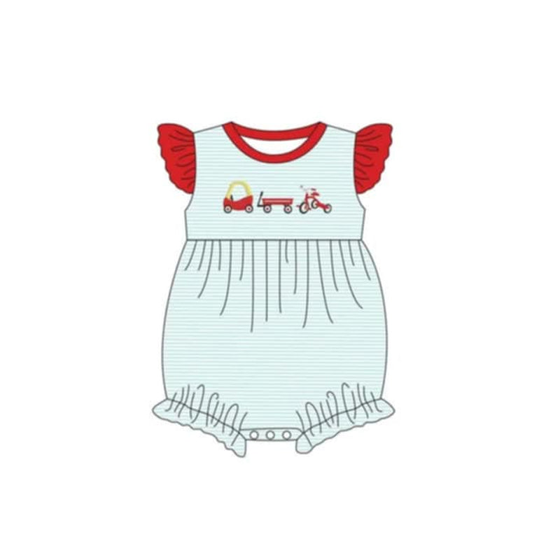 Red flutter sleeves stripe cars baby girls romper