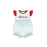 Red flutter sleeves stripe cars baby girls romper