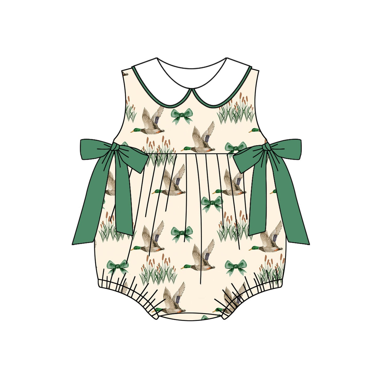 Sleeveless green bow duck baby girls summer romper