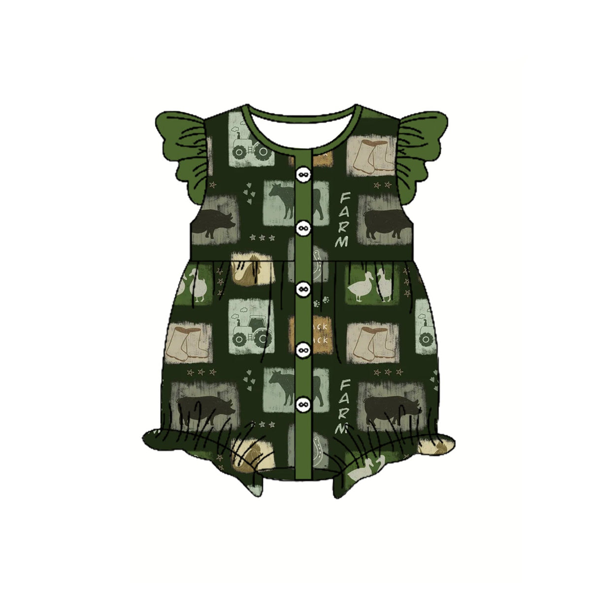 Flutter sleeves cow tractor baby girls farm romper