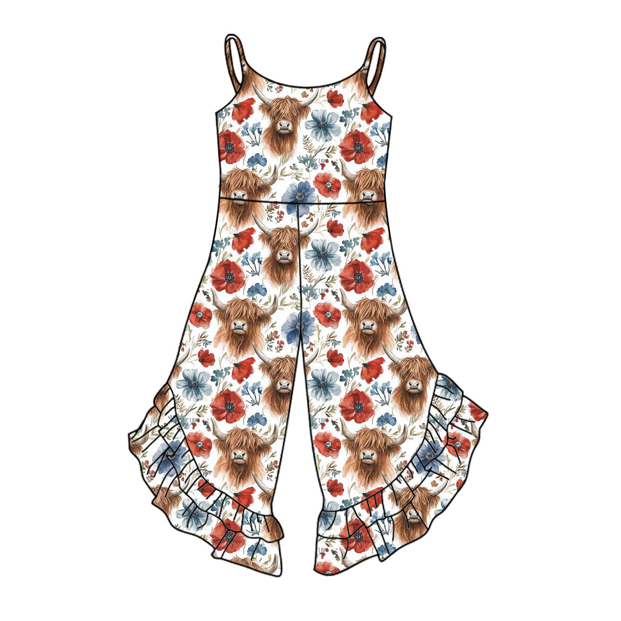 Straps highland cow red blue floral girls 4th of july jumpsuit