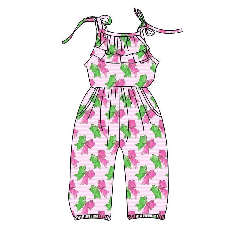 Stripe ruffle green hot pink bow girls summer jumpsuit