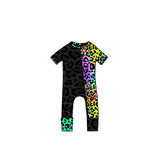 Short sleeves colorful leopard baby girls zipper romper