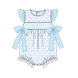Flutter sleeves light blue bow floral baby girls romper