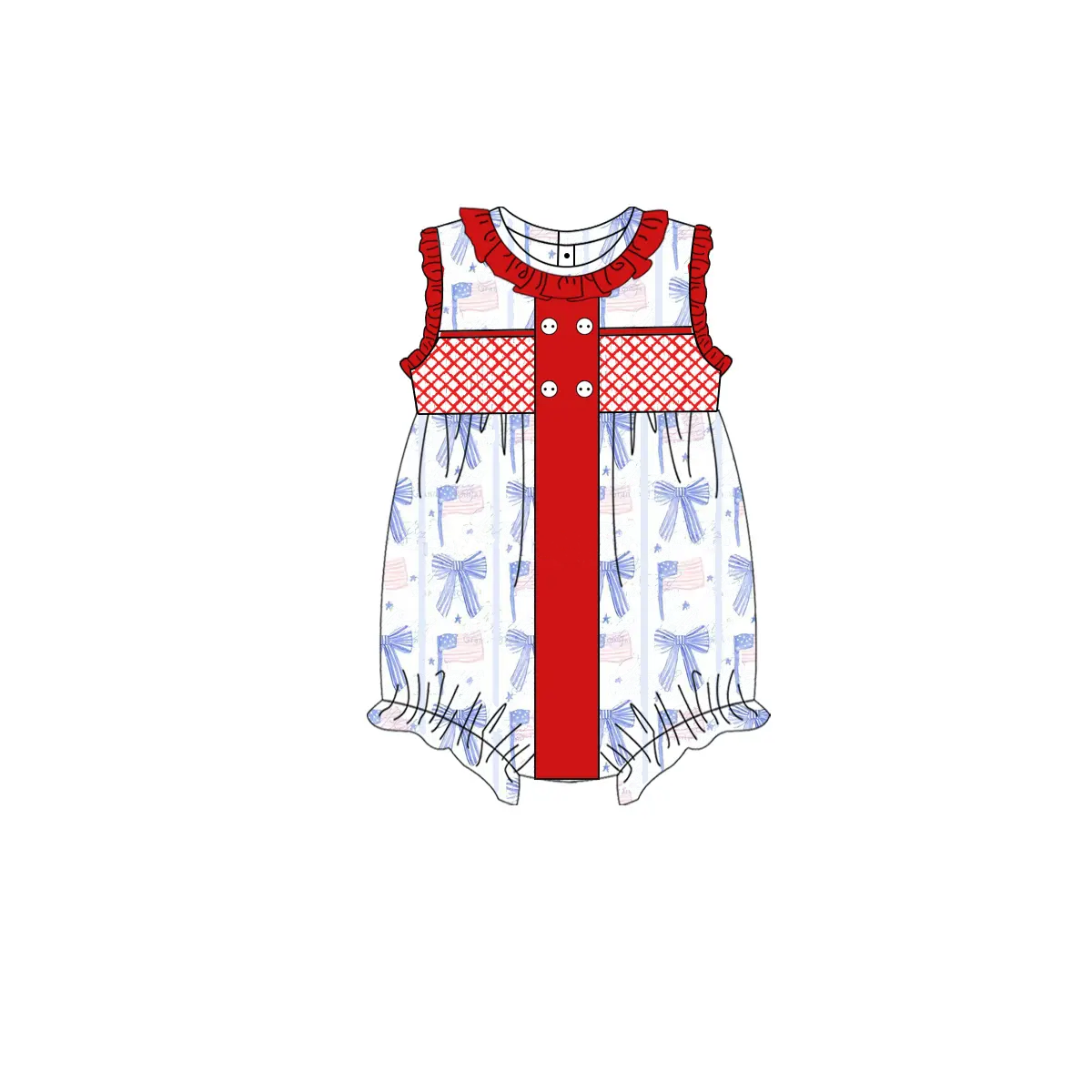 Sleeveless blue bow flag baby girls 4th of july romper