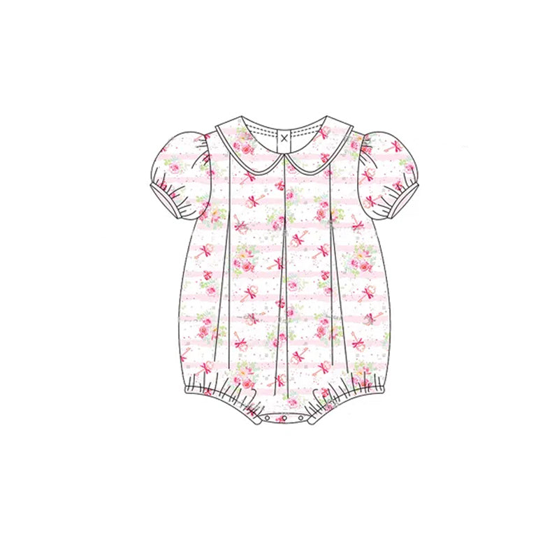 Short sleeves pink stripe floral baby girls summer romper