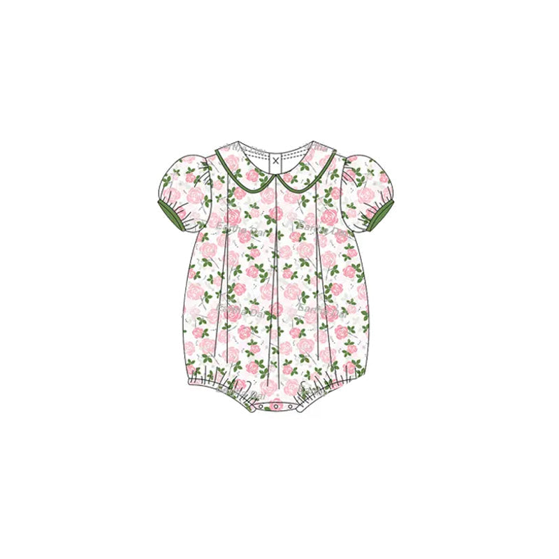 Short sleeves pink green floral baby girls summer romper