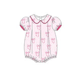 Short sleeves pink bow stripe baby girls summer romper