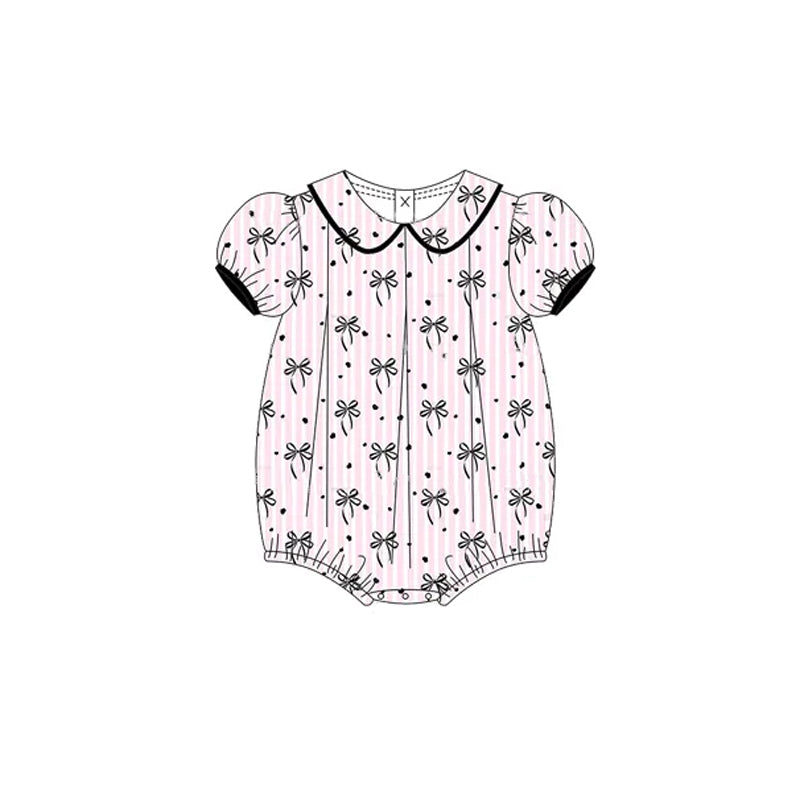 Short sleeves black bow stripe baby girls summer romper