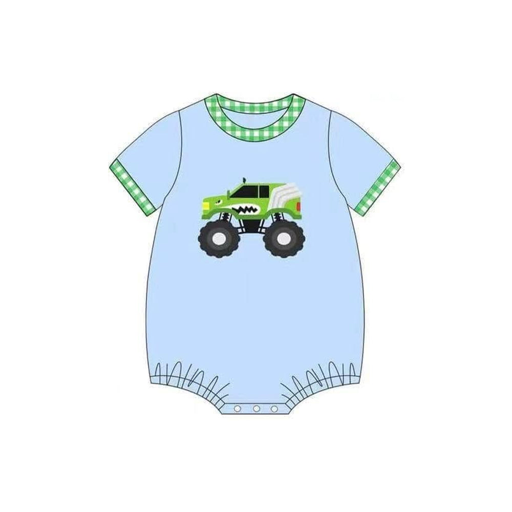 Green plaid short sleeves truck baby boy summer romper
