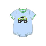 Green plaid short sleeves truck baby boy summer romper