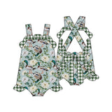 Green plaid ruffle duck floral baby girls summer romper