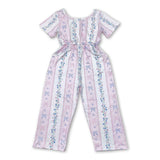 Short sleeves pink bow floral pockets girls jumpsuit