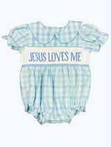 Short sleeves plaid Jesus loves me baby girls romper
