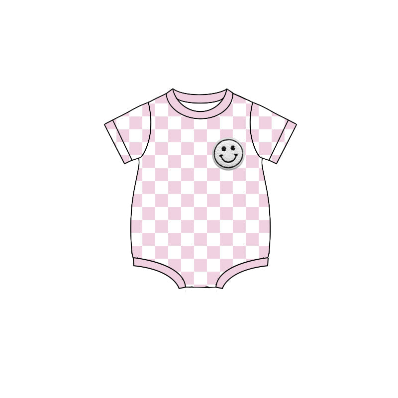 Pink plaid short sleeves smile baby boy summer romper