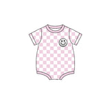Pink plaid short sleeves smile baby boy summer romper