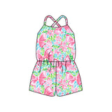 Straps pink floral bow baby girls summer jumpsuit